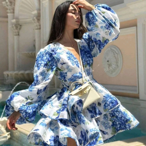 Fashionable & Elegant Random Print V-Neck Long Sleeve Layered Short Mini Dre - Picture 6 of 6